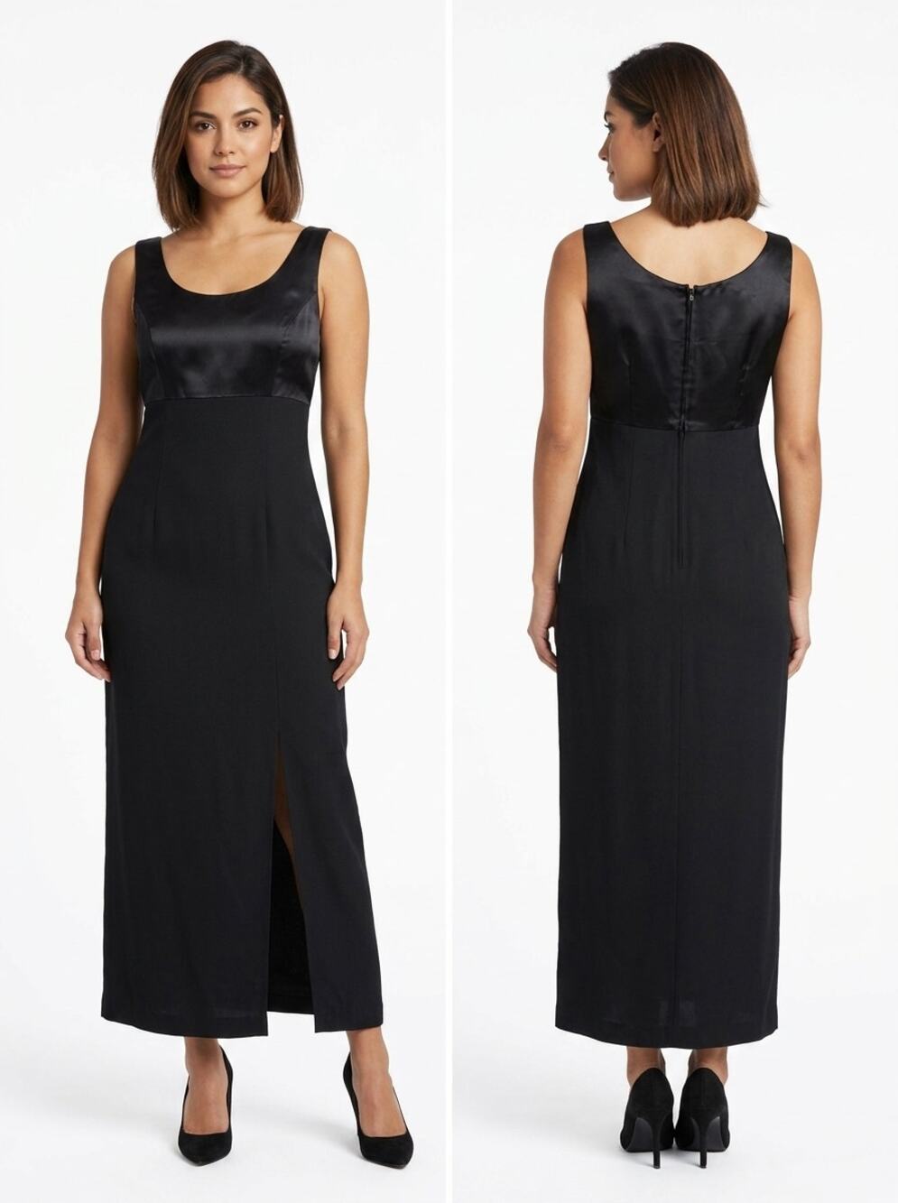 Vintage Dawn Joy Fashions Black Sheath Satin Maxi Dress Women Size 5-6
